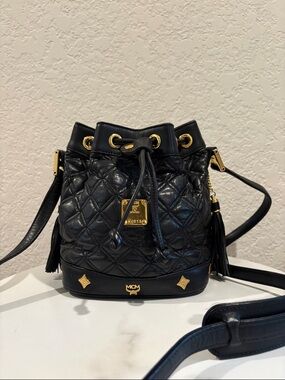 MCM Black Quilted Leather Drawstring Mini Bucket Bag with Gold Hardware
